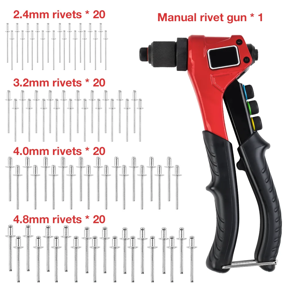 2.4mm/3.2mm/4.0mm/4.8mm Manual Rivet Gun, Home DIY Fast Pull Rivet Tool, Including 80 Rivets, Core-Pulling Rivet Gun Tool Set