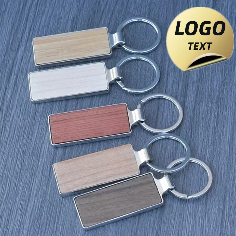 Custom Logo Bamboo Wooden Keychain Laser Engrave Double-sides Wood Metal Keyring Personalize Hotel Room Number Key Chain Holde