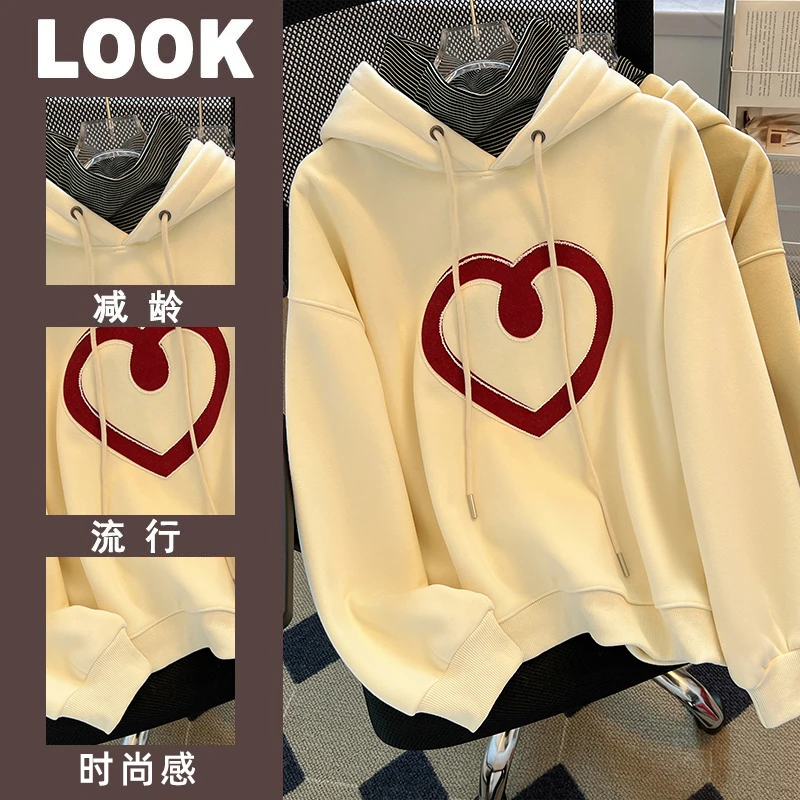 Sudadera con estampado de corazón de retazos para mujer, sudaderas con capucha Vintage sueltas informales suaves, Tops cálidos de lana para estudiantes, Y2k, Invierno 2023