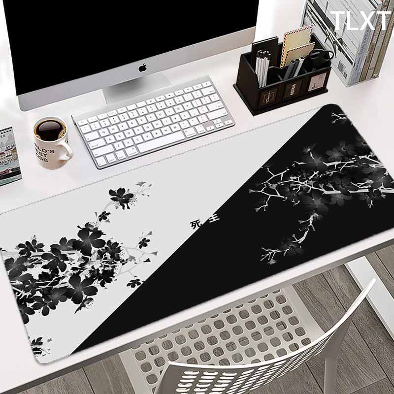 Tapis de souris antidérapant en fleurs de cerisier, noir et blanc, XL, personnalisé, pour clavier, bureau, ordinateur portable, tapis de Table