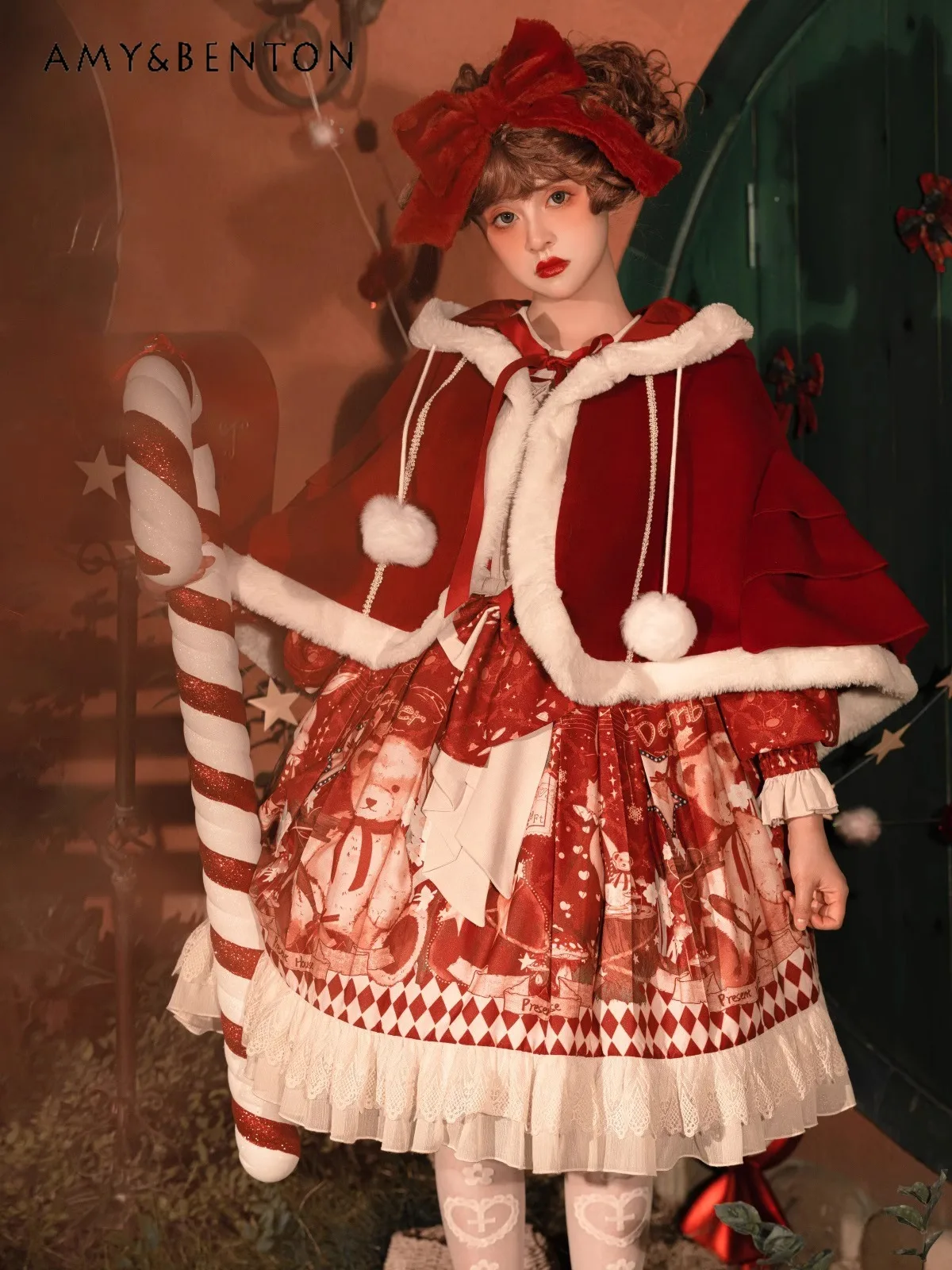 

2025 Autumn Winter New Sweet Bear Print New Year Battle Dress Christmas Lolita Long Sleeve Dress Red Versatile Cloak Set