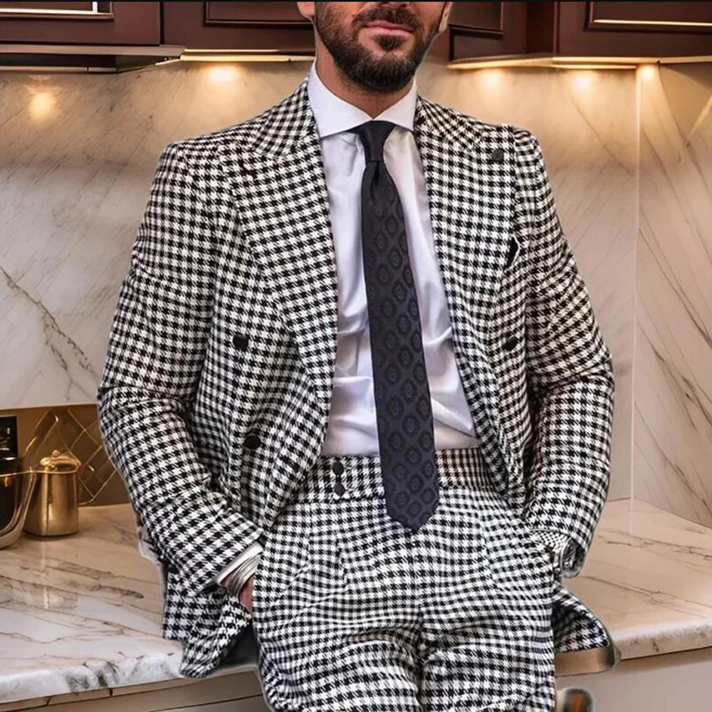 

Classic Houndstooth Men Suits For Wedding Plaid Jacket Pants 2 Pieces Sets Customized Groom Tuxedo Double Breasted Prom Blazers