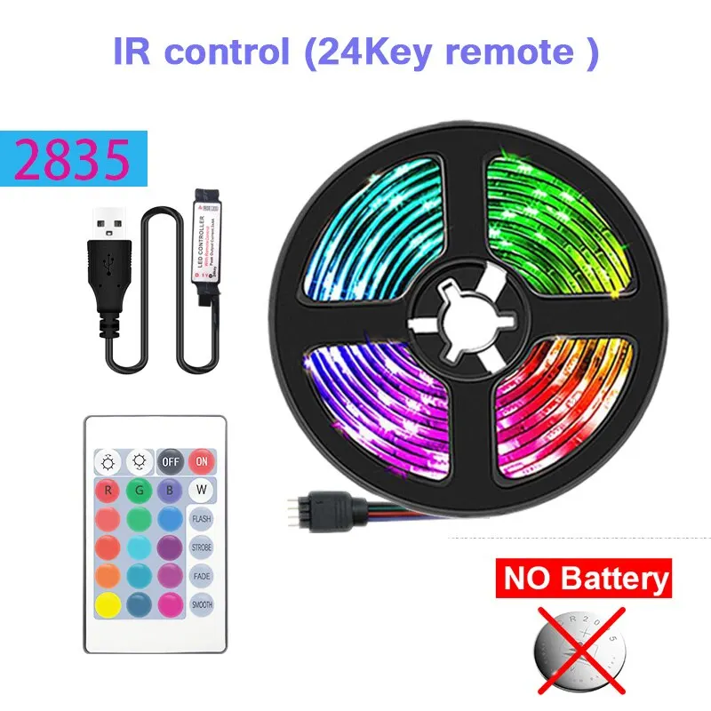 60LEDs/m USB LED Lights Strip Tape 2m 2835 24 Key IR Remote Control for Kitchen Closet Bedroom PC TV Backlight Home Lighting