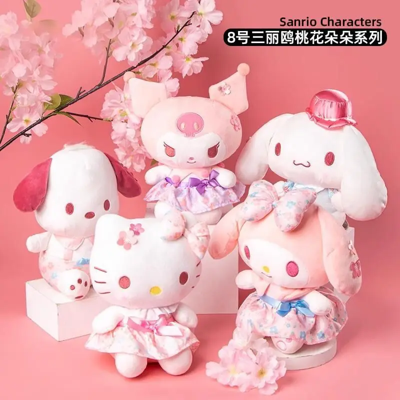 Stock Genuine Cinnamoroll Kitty Plush Doll Anime Sanrio Peach Blossom Melody Kurumi Cinnamon Pochacco Doll Girls Gift Plush Toys