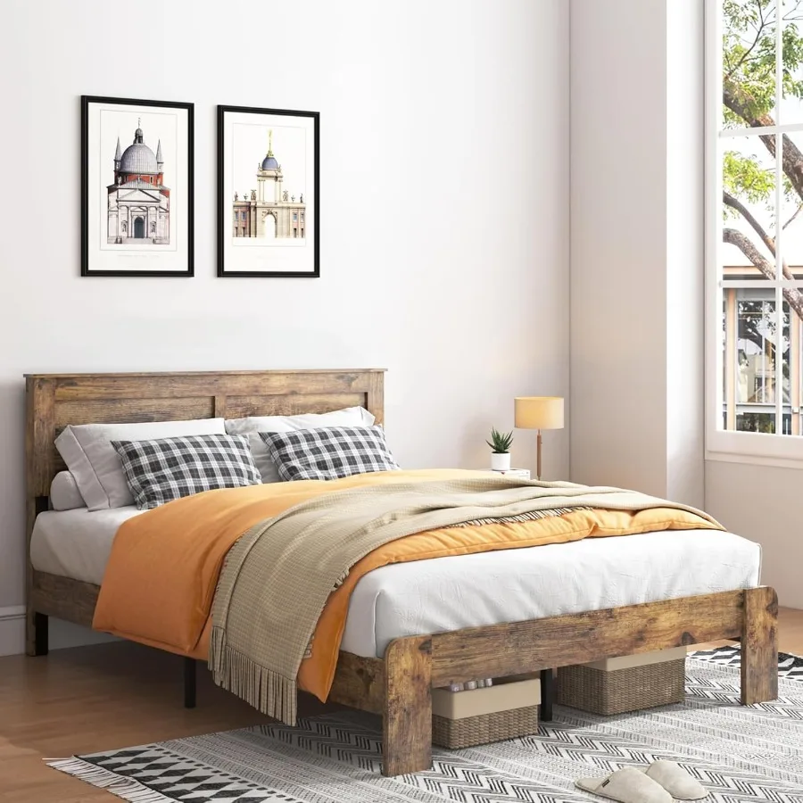 King Size Bed Frame with Headboard Wood Platform Bed Frame with 12 Wooden Slats Support No Box Spring Needed Noise Free Dark Br