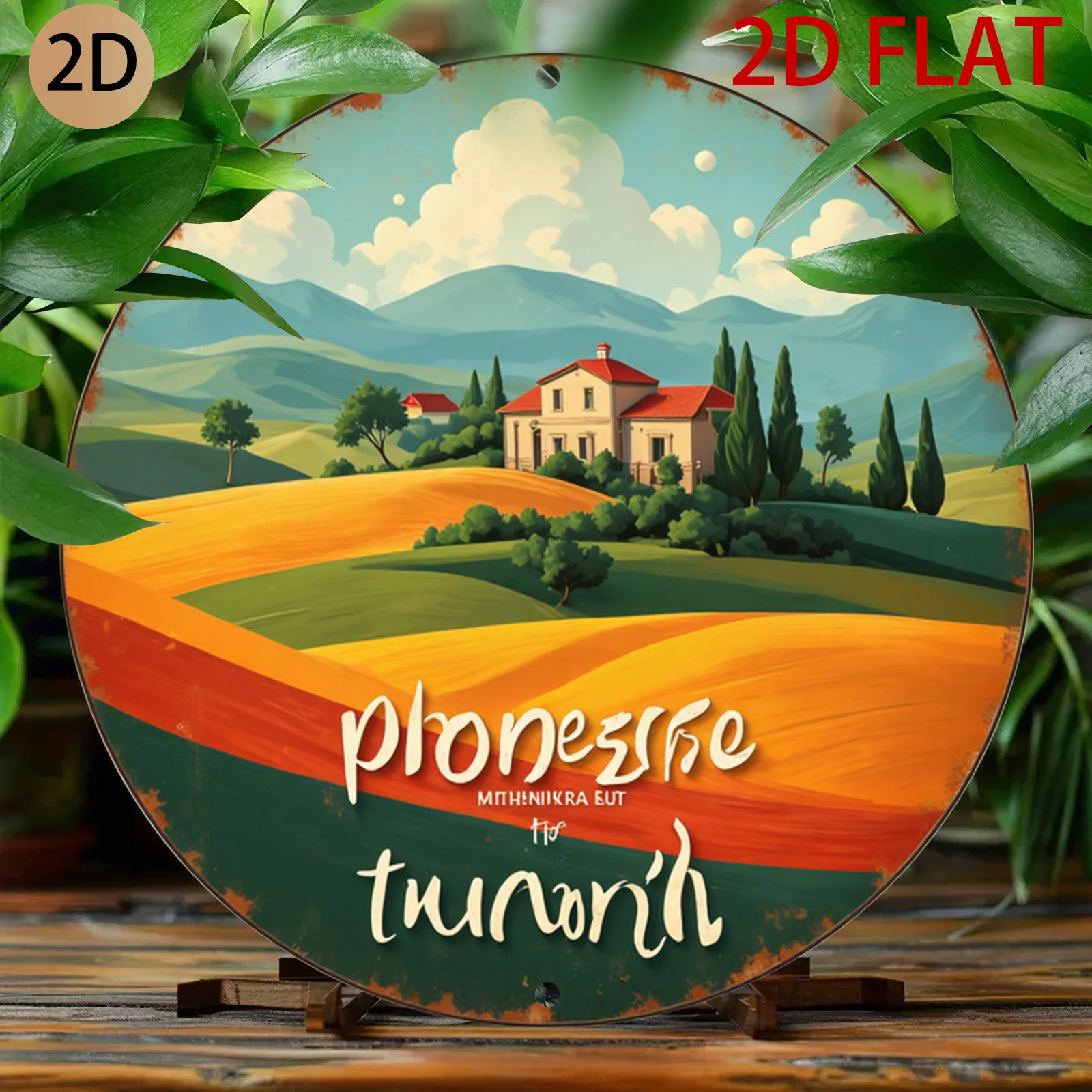 2D Flat, 2d Flat Vintage Metal Sign Tuscan Countryside Landscape Wall Art Provence Villa Farmhouse Decor Ideal for Patio Garden