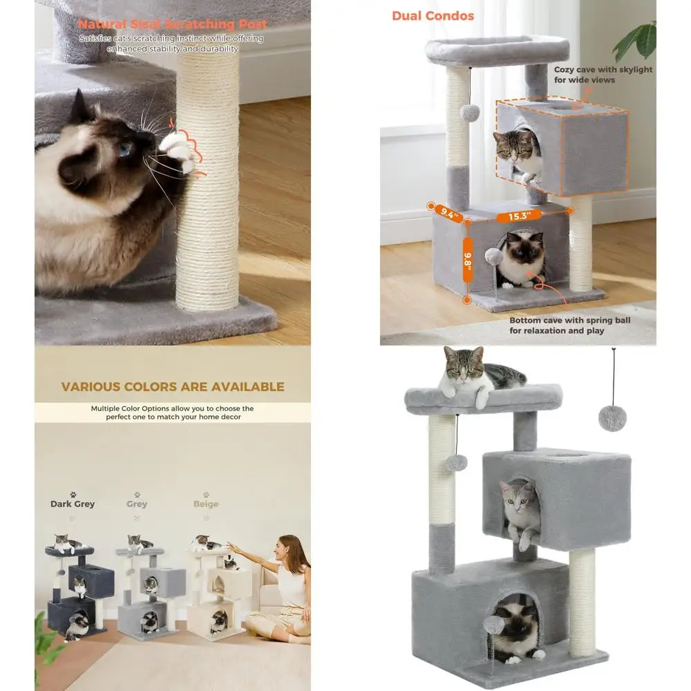 

Светло-серый домашний дерево-гриффлер для кошек (32 дюйма) с 2 сизалевыми стойками для когтей, 2 уютными домиками и 2 подвесными игрушками