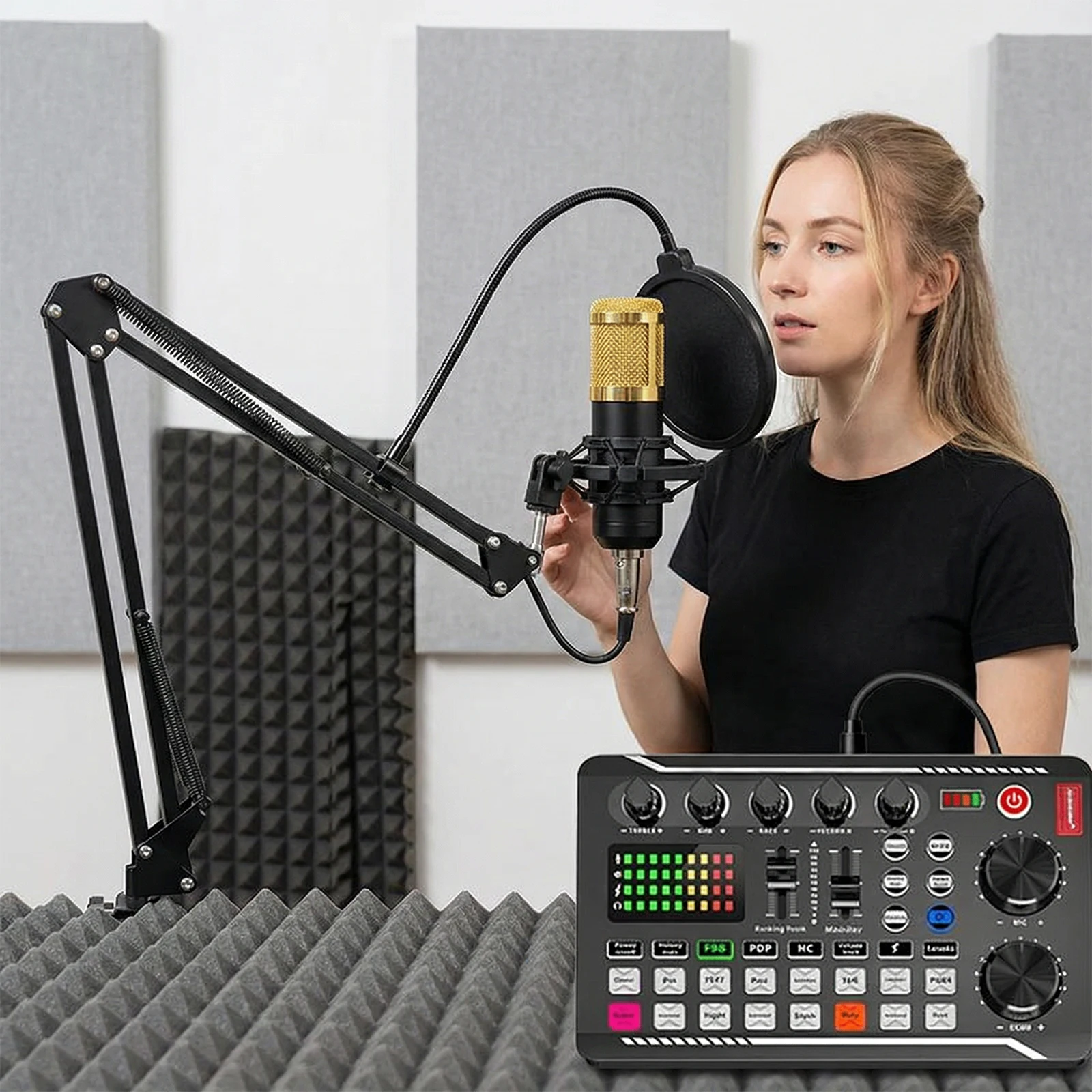 

Condenser Mic with Sound Card Audio Mixer Noise Cancelling Live Streaming Microphone Set for Studio Recording & Broadcasting