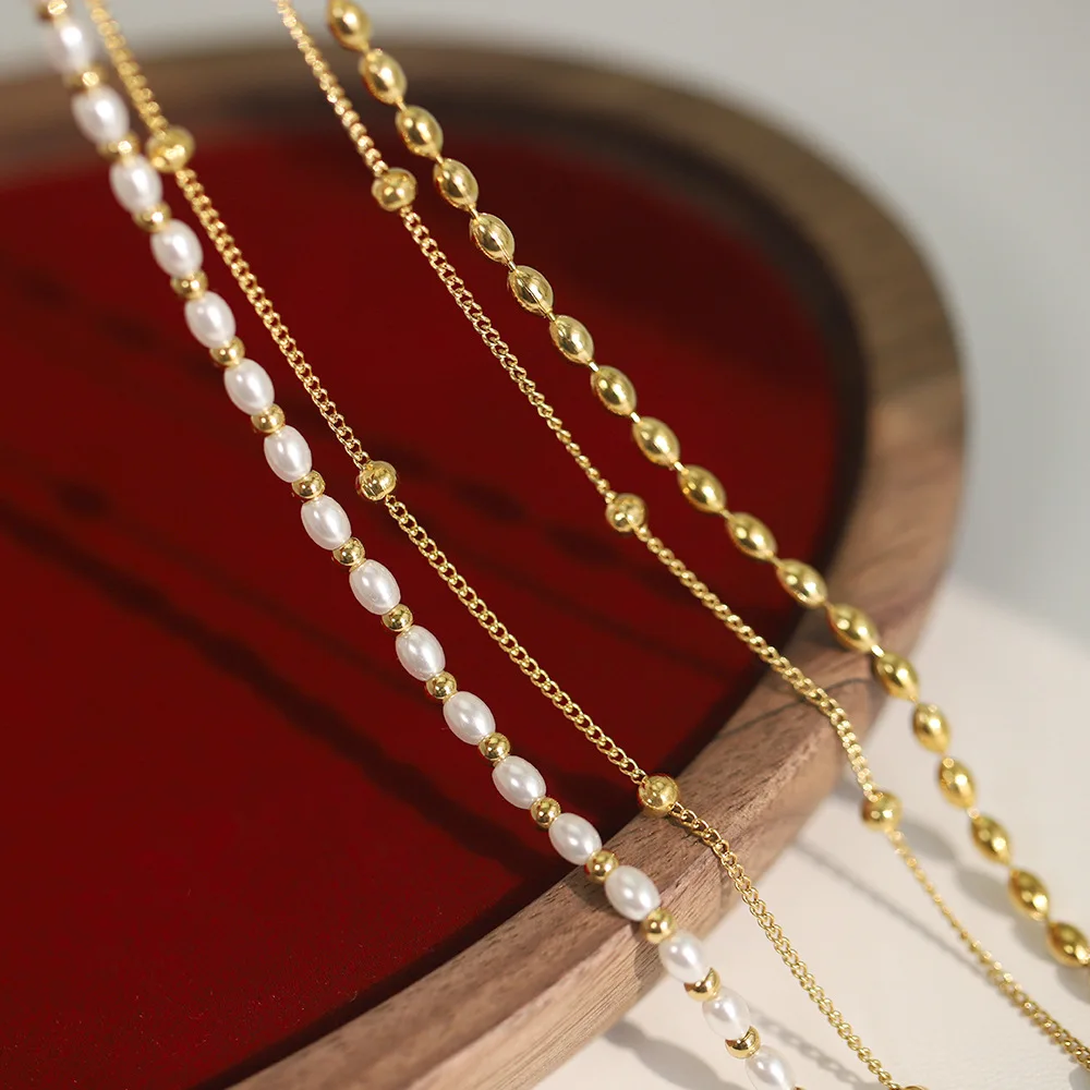 Stylish Layered Chain Stainless Steel Necklace 18K Gold Plated Texture Waterproof Trendy Korean Imitation Pearl Chain Jewelry