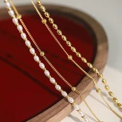 Stylish Layered Chain Stainless Steel Necklace 18K Gold Plated Texture Waterproof Trendy Korean Imitation Pearl Chain Jewelry