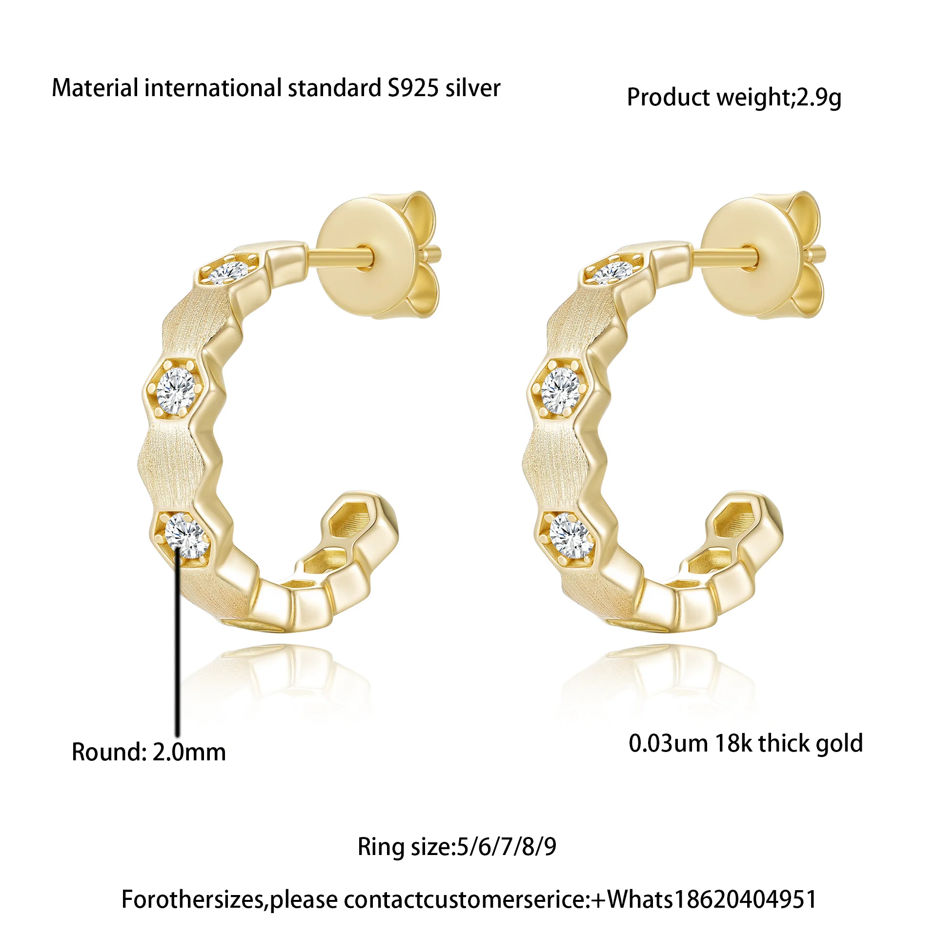 

Cross-border Hot Sale S925 Silver Moissanite Honeycomb C-shaped Earrings for Women, Spaced Diamond Inlay, High-Quality Jewelry