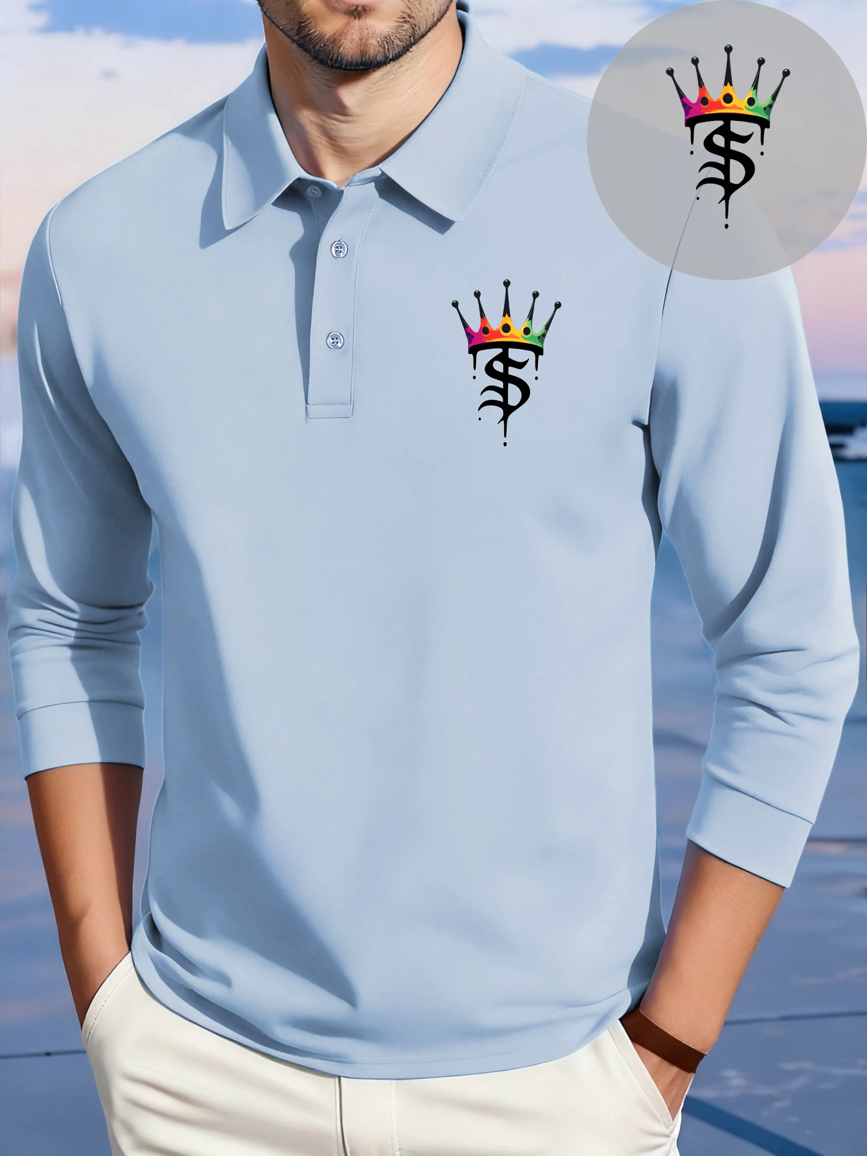 

Мужские футболки с буквой Crown S, простой дизайн, флисовая осенняя рубашка-поло, универсальная деловая спортивная одежда, воротник Culture с длинными рукавами