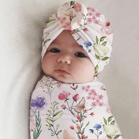Ylsteed 장미 꽃 프린트 신생아 사진 랩, 터번 모자 포함, 유아 사진 촬영 의상, 아기 배넷저고리 담요 받기