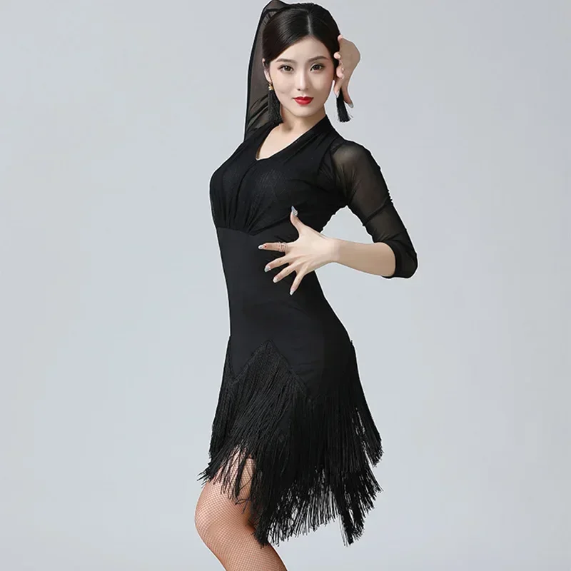 

Latin Dance Dress for Women Black Tassel Latin Practice Clothes Dance Costumes Competition Modern Party Ballroom Professional