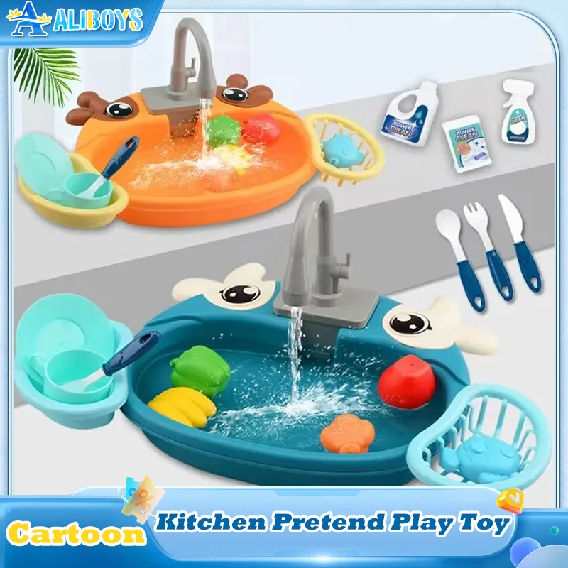 Elétrica Lavar louça Tabela Simulação Cozinha Bacia Pia Circulando Água Pretend Play House Educacional Aniversário Presente Kid Toy
