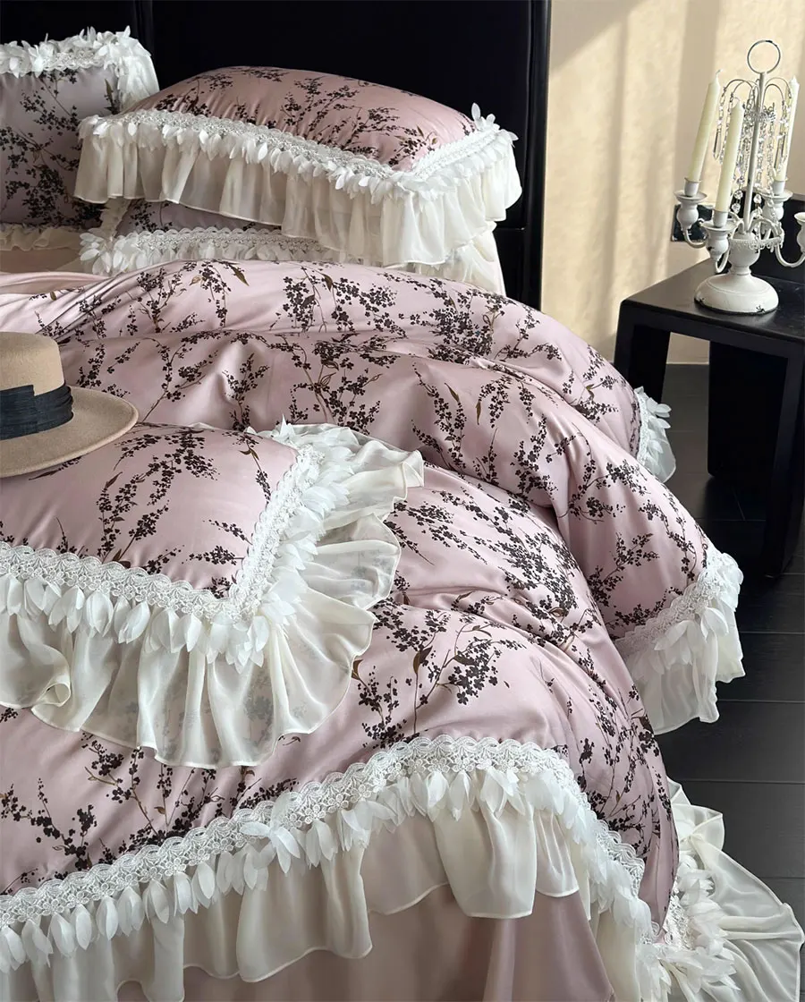 romantic elegant pink grey pastoral bedding set,full queen king retro fairyfair home textile bed sheet pillow case quilt cover