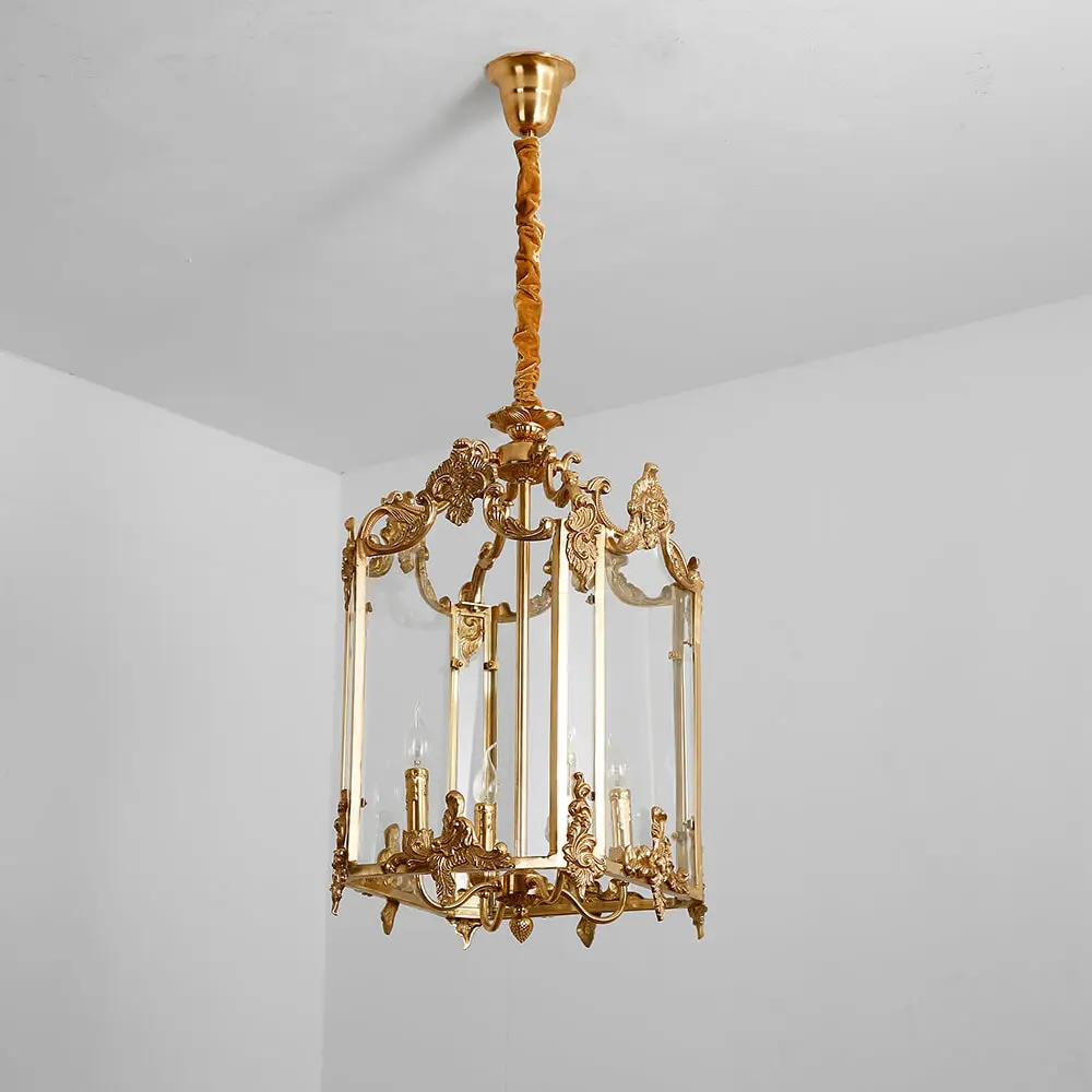 Midcentury Vintage Rectangle Brass Lamp Glass Lanterns Decorative Cage Brass Pendant Lamp