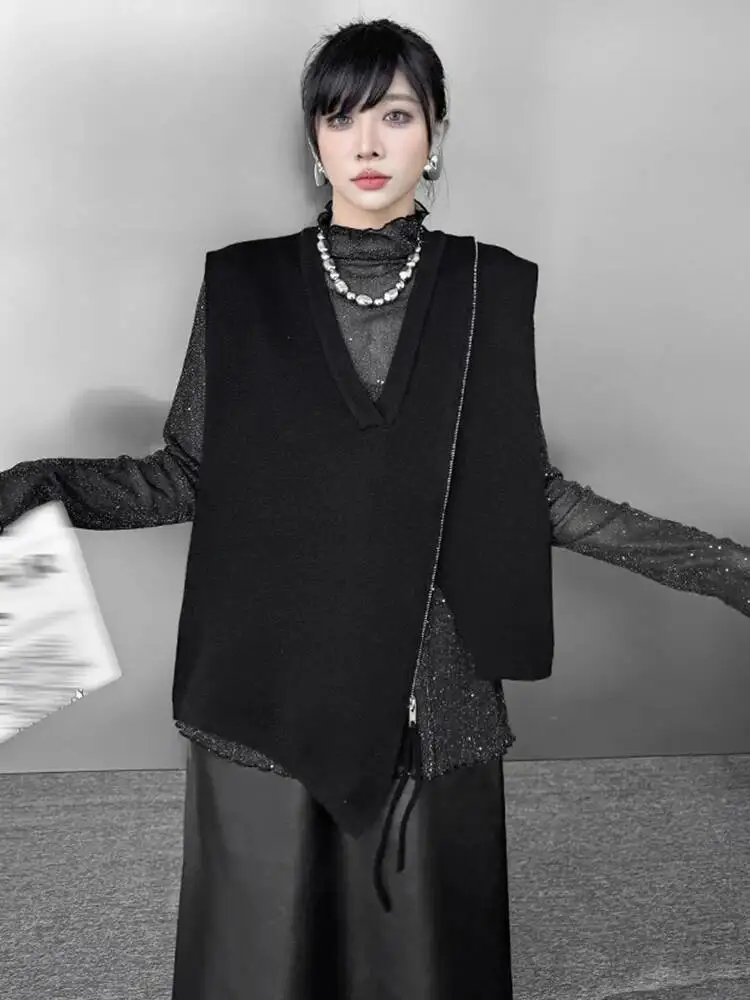 

Women Black Knitting Irregular Zipper Big Size Vest New V-collar Sleeveless Fashion Tide Spring Autumn