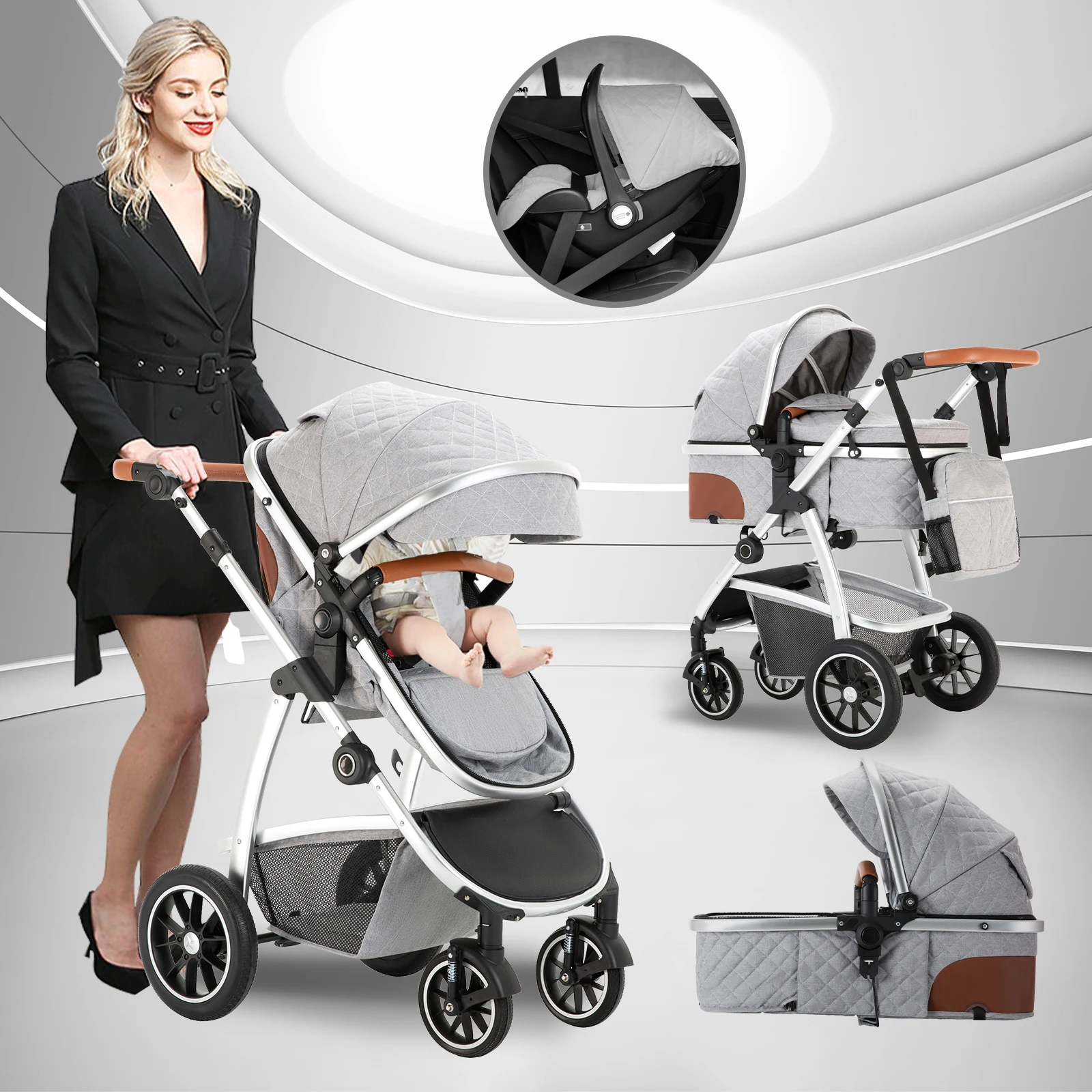 Baby Stroller 3 in 1 Portable Travel Baby Carriage Newborn High Landscape Aluminum Frame Stroller Infant Fold Parm