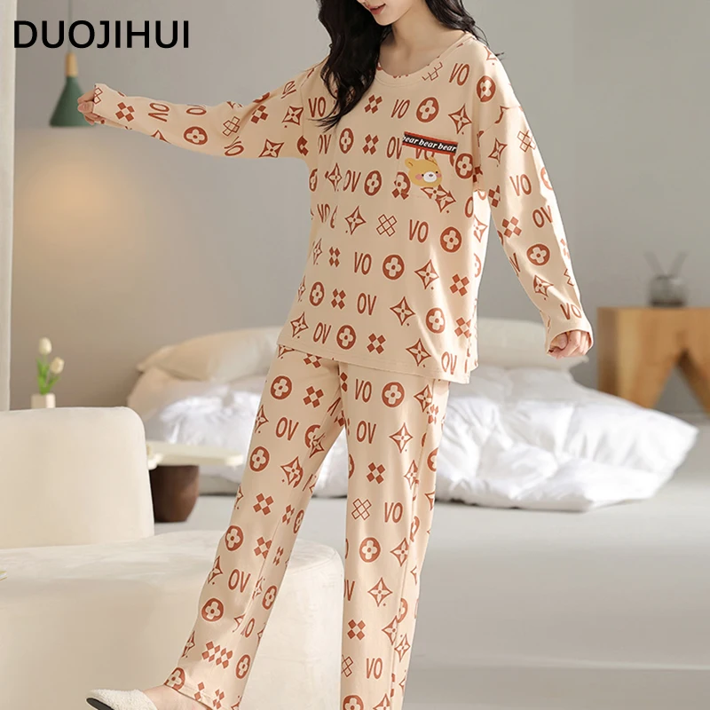 DUOJIHUI with Chest Pad Simple Casual Home Pajamas for Women Autumn Basic O-neck Pullover Fashion Pant Loose Female Pajamas Set