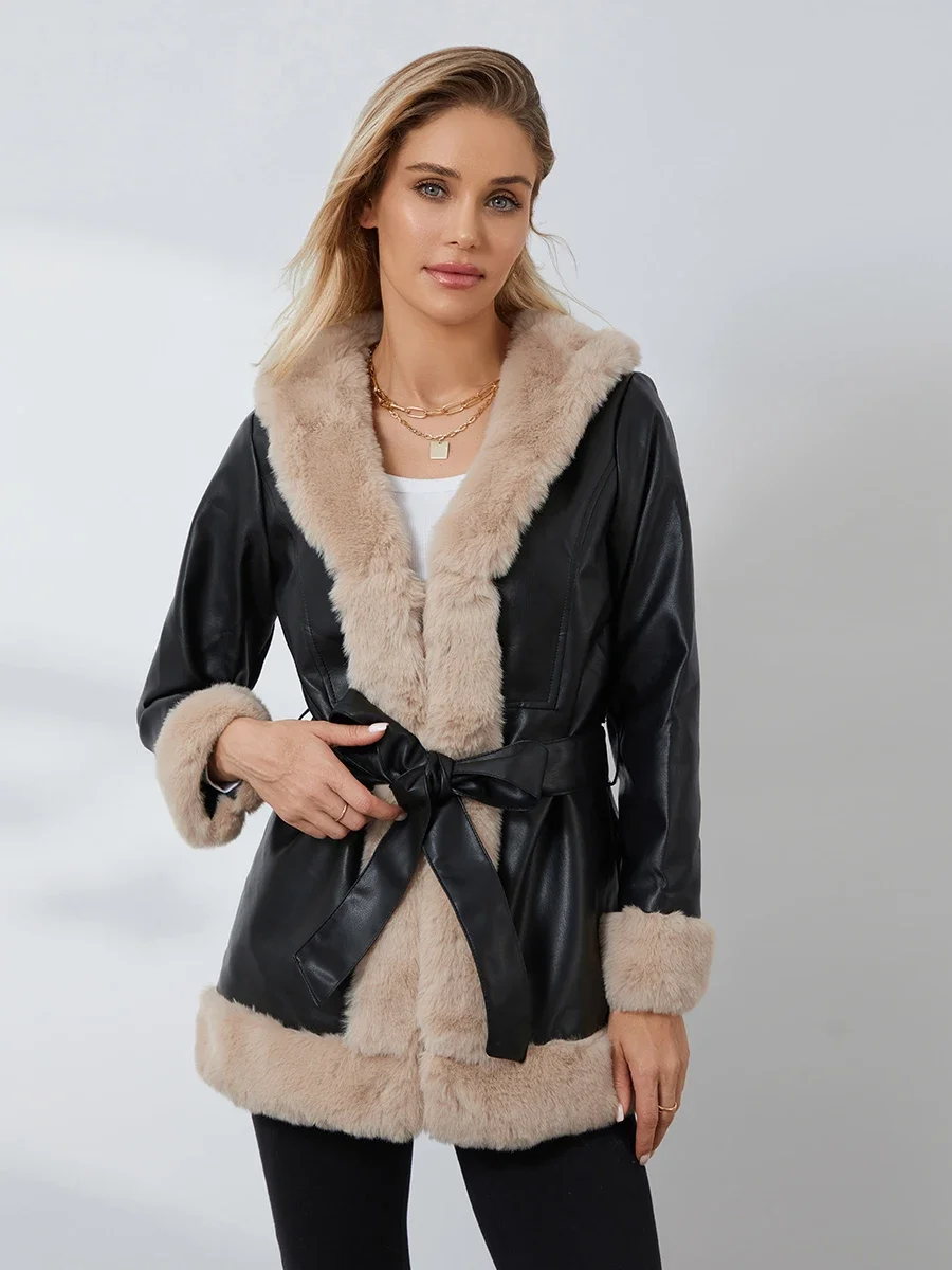 Women Faux Leather Jacket Faux Fur Long Sleeve Open Front with Furry Collar Short Parka Coat Warm Cardigan with Belt Streetwear
