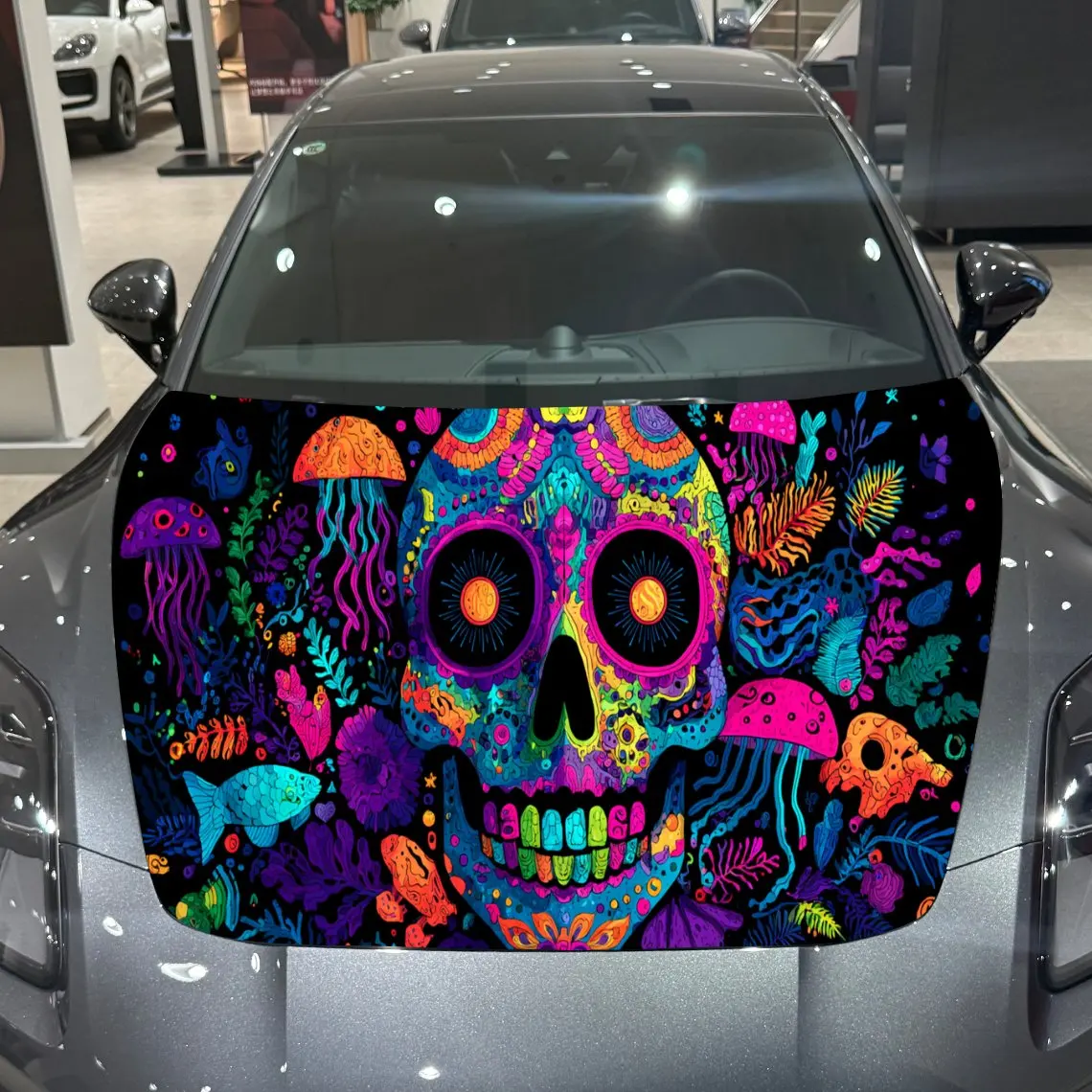 Adesivo colorido da capa automática do crânio e do cogumelo grove, decalque impermeável e autoadesivo do capô do carro, envoltórios do vinil do automóvel, carro legal ex