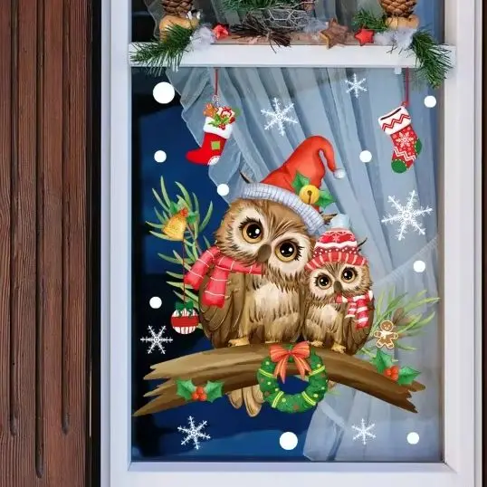 1pc Cute Owl Christmas Window Sticker Removable PVC double-sided Visibility Decoration For Nursery Baby Room Home Decor