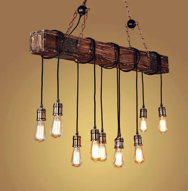 Farmhouse Chandelier Wood Hanging Industrial Pendant Lighting Vintage Ceiling Light Fixture 10 Light Nordic Lamp for Bar Cafe