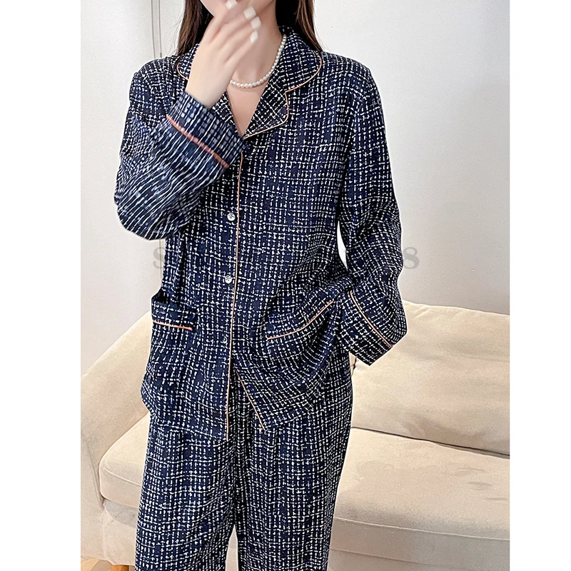 Retro Navy Checkered Pajama Set Casual Satin Silk Sleepwear Sexy Lapel Nightwear Female Print 2PCS Pijamas Loose Loungewear