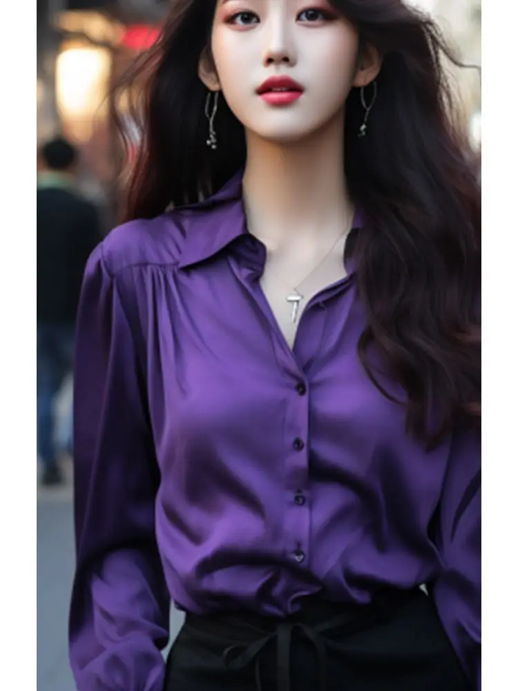 Purple Shirt Women\'s Spring And Autumn 2024 New Fashionable Pendant Lapel Long Sleeved Loose Top