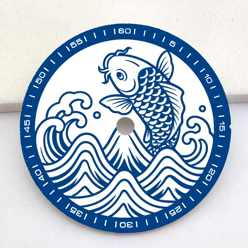 NH35 Dial 28.5mm Dial Silk Screen Dial Blue Fish Pattern Dial Watch Parts Replacement Accessories Men's Customized Watch Dial