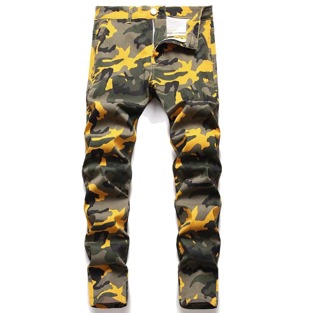 Men's Camouflage Print Jeans Yellow Y2K Pattern Pants Slim Straight Trousers