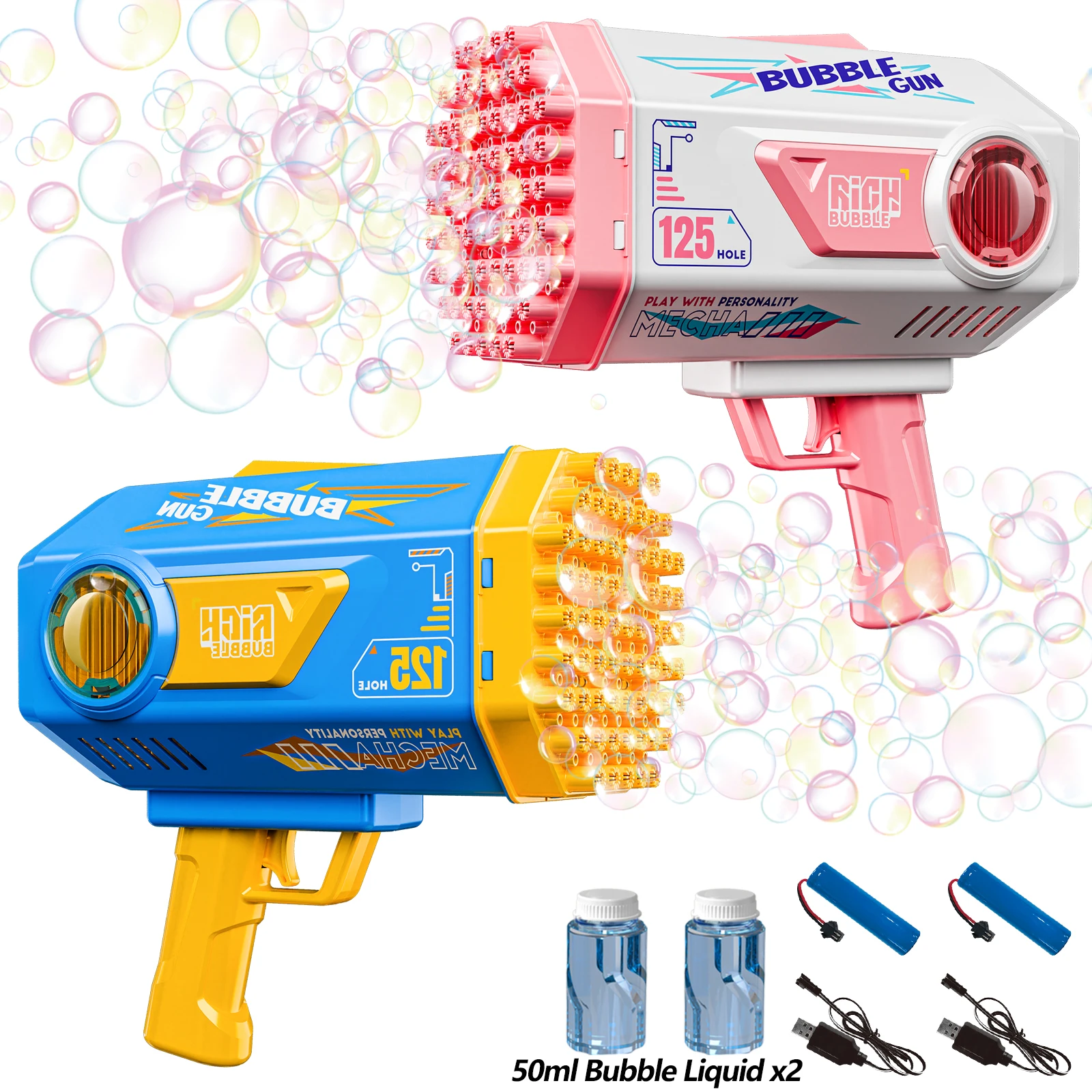 Machine à bulles 125 trous, souffleur de bulles portatif électrique automatique, pistolet à bulles, jouet cadeau d'anniversaire et de noël pour fête