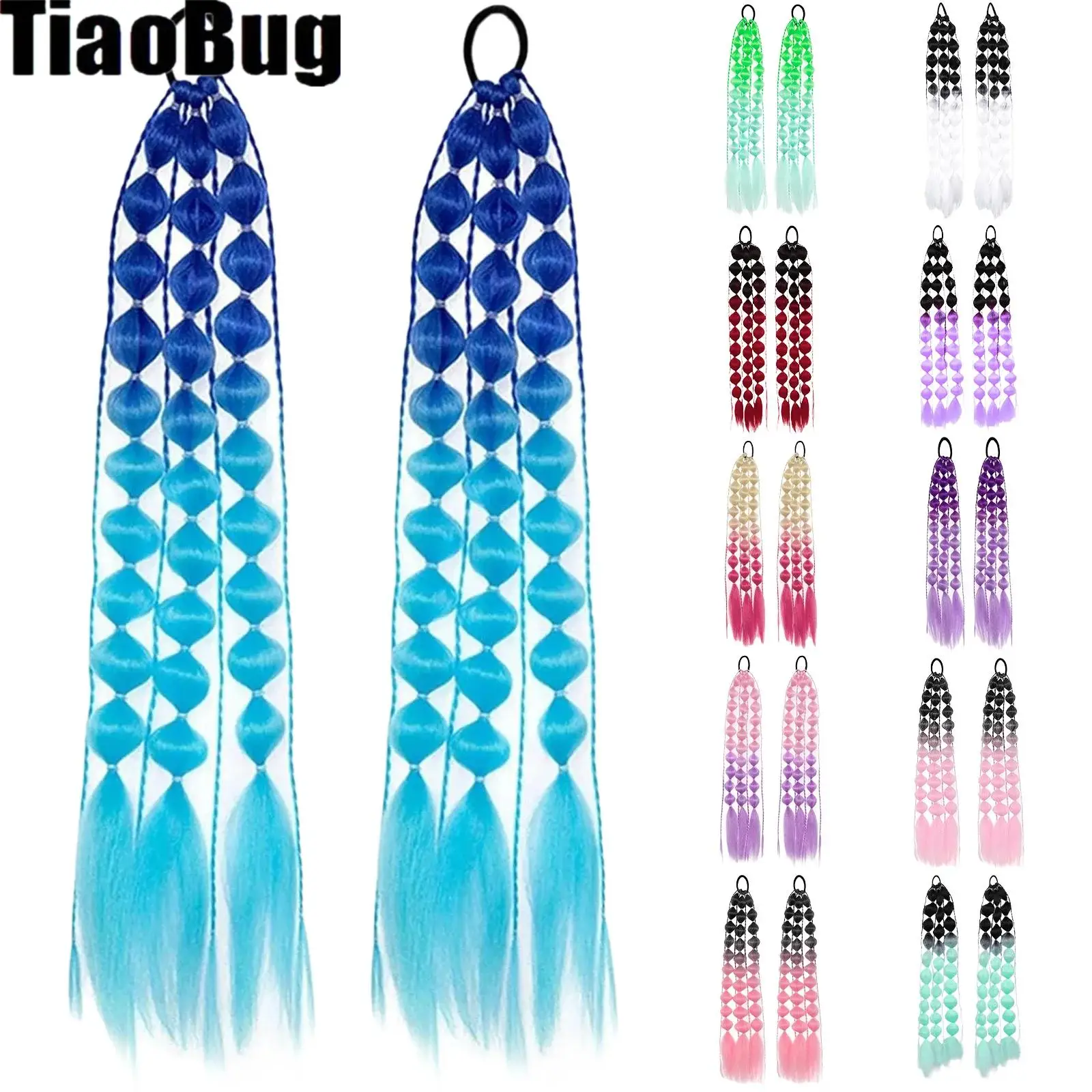 

2Pcs Girls Festival Gradient Colored Hair Extensions Wig Bubble Ponytail Extension with Hair Tie Dress Up Accessories