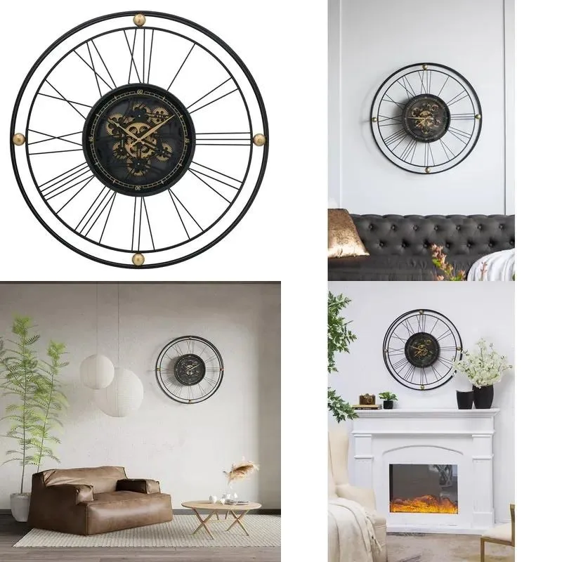 31.5x3x31.5 Inch Large Gear Wall Clock with Roman Numerals and Thin Metal Frame