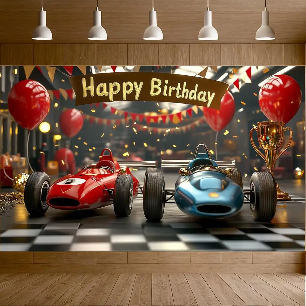 Photography Backdrop Red Blue Race Car Themed Happy Birthday Racing Party Banner Race Background for Baby Shower Party Decor