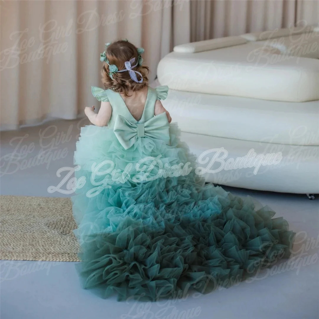 Lovely Layered Green Gradient Flower Girls Dresses Tulle Puffy Girls Princess For Wedding Birthday Party Gowns Customized