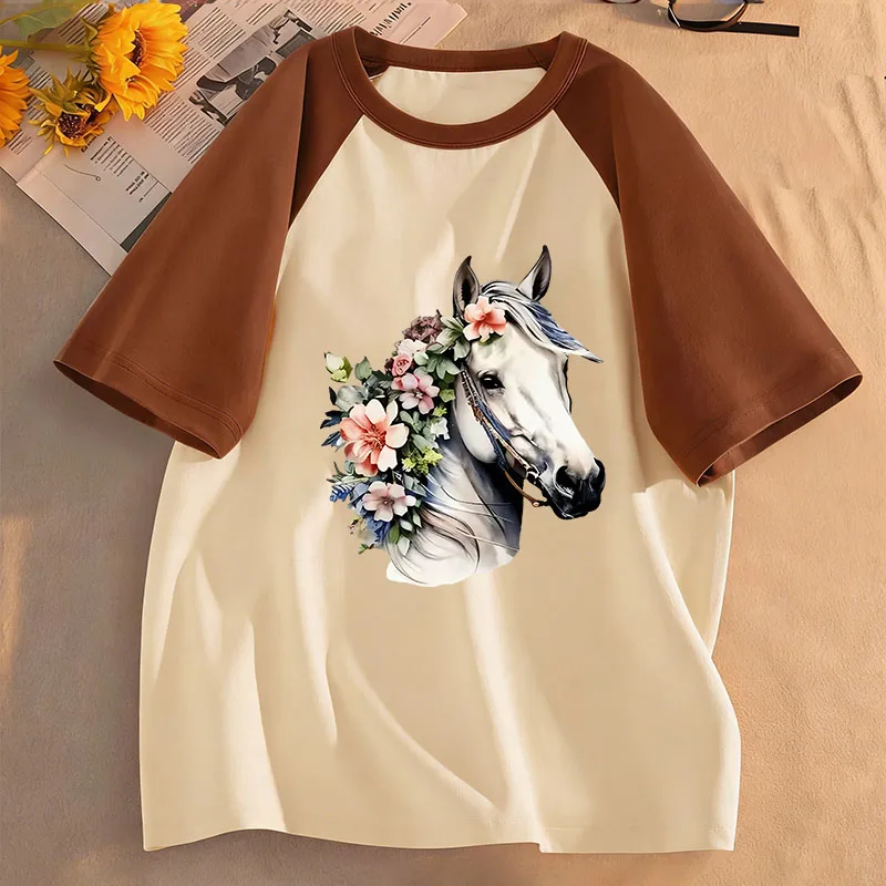 Vintage Horse with Flower Design T-Shirt Printed T Shirt Girls' Summer Clothes Short Sleeve Tops T-Shirts Cute Girls Clothing