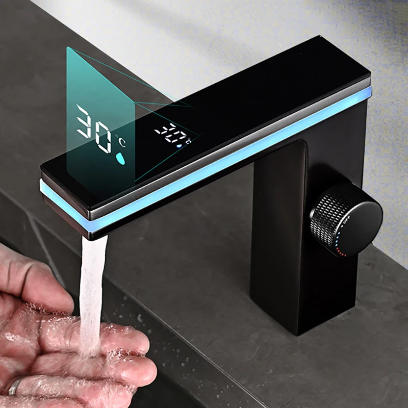 Digitale Display Badkamer Wastafel Kraan Intelligente LED Messing Badrandcombinaties Wastafel Kraan Warm Koud Water Mengkraan Vanity Tap