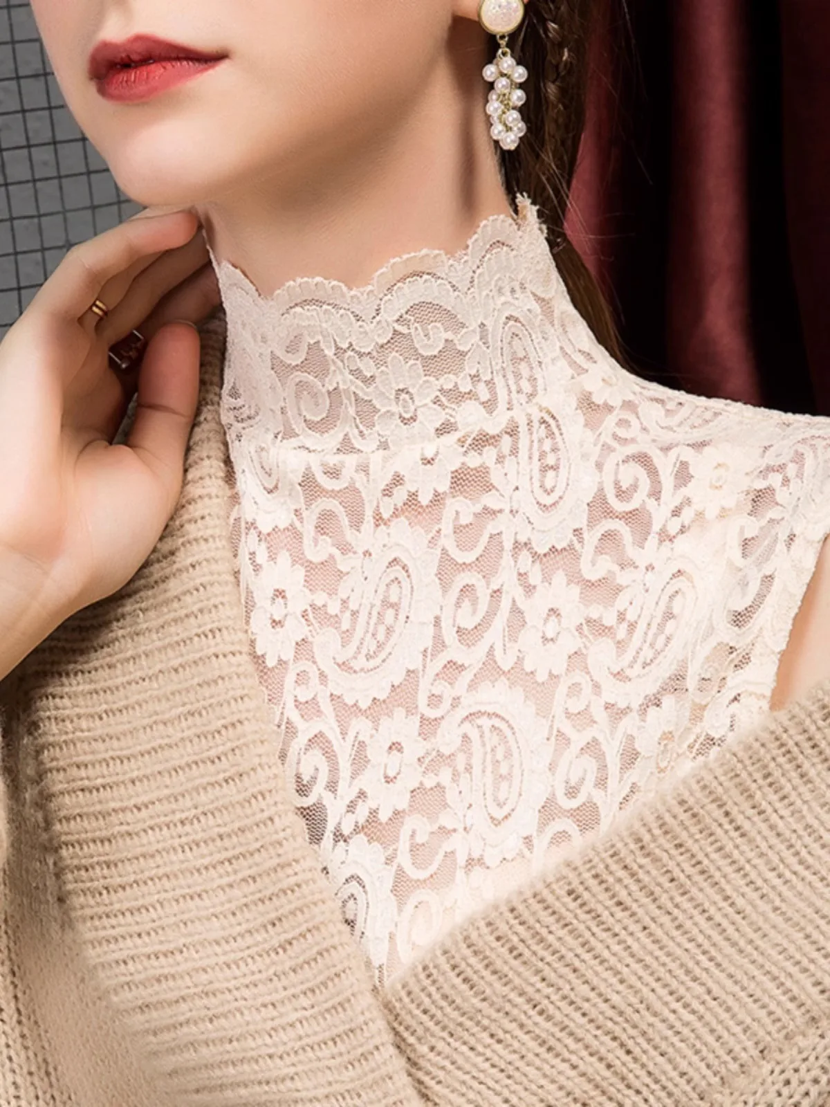French Style High Neck Lace Shirt for Women, Spring and Summer Perspective Sexy Top, Winter Thick Sleeveless Vest Pullover