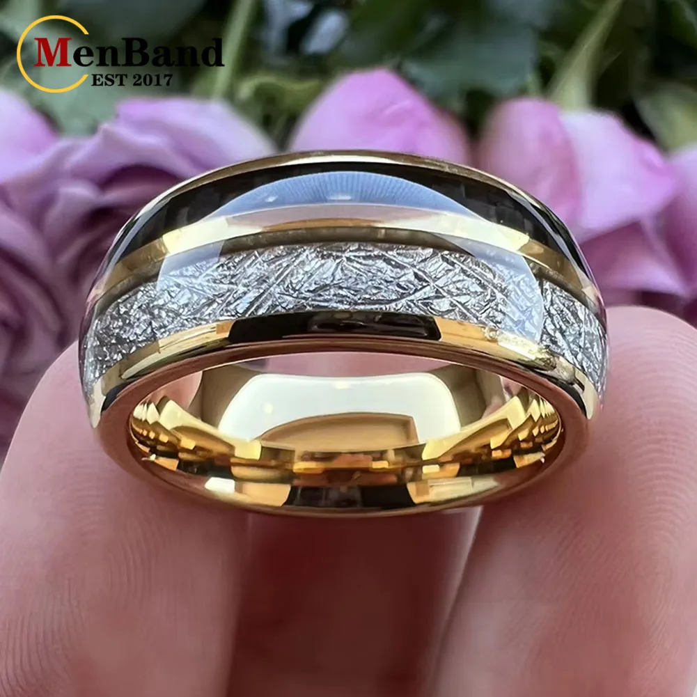 メンズ・レディース兼用結婚指輪-タングステンカーバイドリング-8mm-ブラックカーボンファイバーと白い隕石象嵌-ドーム型-ポリッシュ仕上げ-快適フィット