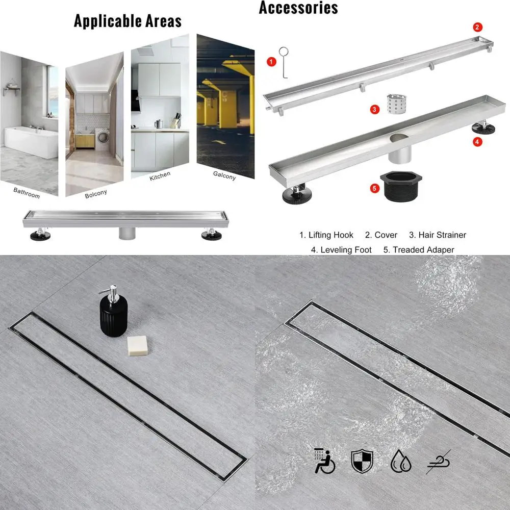 

28-дюймовый линейный душевой трап 2-в-1 для встраивания в плитку, из матовой нержавеющей стали, с регулируемыми ножками и сетчатым фильтром для волос