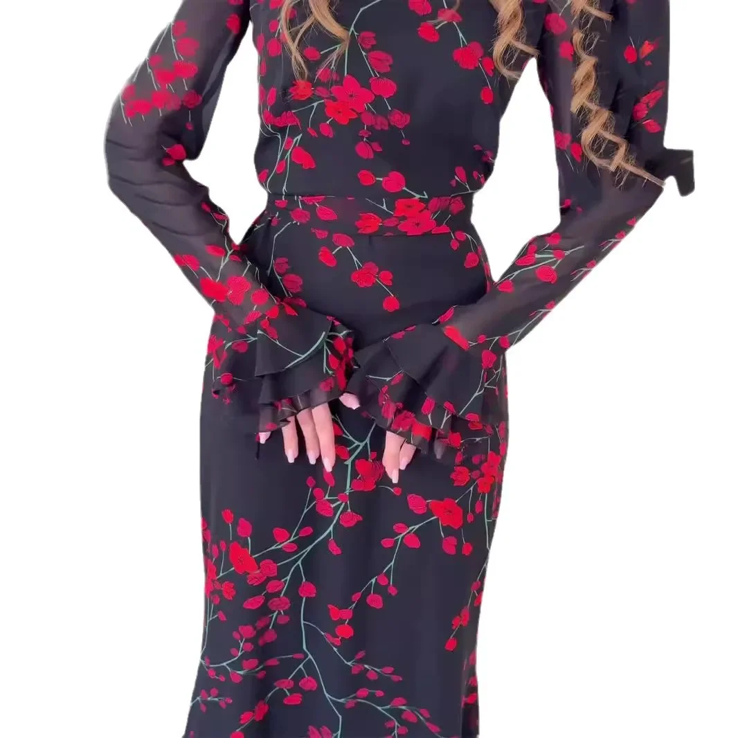 Women's Printed Round - Neck Long Skirt, A French - Style Retro Floral Long Dress That Is Slimming and Shows A Fair Complexion.