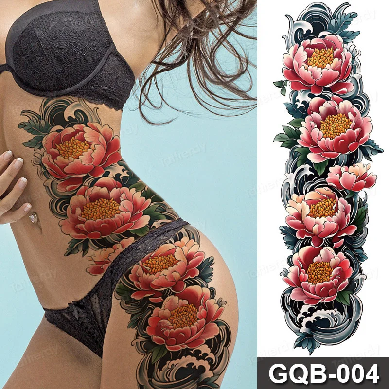 Rose Peony Flower Temporary Tattoo Full Arm Sleeve Leg Thigh Waist Women Body Art Waterproof Tattoo Stickers Large Size 48*17Cm