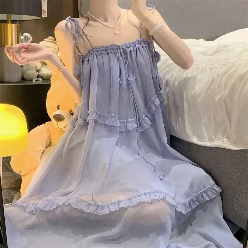 Strap Sleepwear Spaghetti Dress Chiffon Summer Home Neck Ruffles Wear Womens Pajamas Tie Piece Slash Nightgown One Korean Night