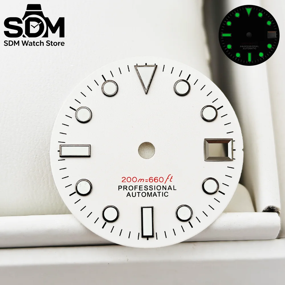 28.5mm NH35 Dials High Quality Sterile White Dial Black Applied Hour Markers C3 Luminous Dial Hands For NH35 Movement Watch Repl