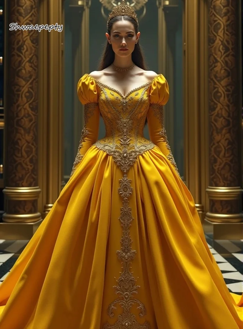 

Винтажное викторианское желтое платье для выпускного вечера с пышными рукавами и кружевной аппликацией, вечернее платье принцессы, вечерние платья по индивидуальному заказу