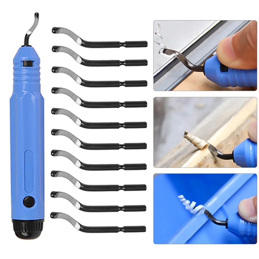 

10pcs Rotary Deburr Blades Set with Handle Debur Knife Deburring Tool Kit for Wood, Plastic, Aluminum, Copper and Steel