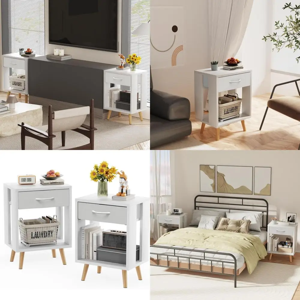

Pair of White Bedroom Nightstands with Fabric Drawers and Wooden Shelves, 24 High Storage Bedside Tables