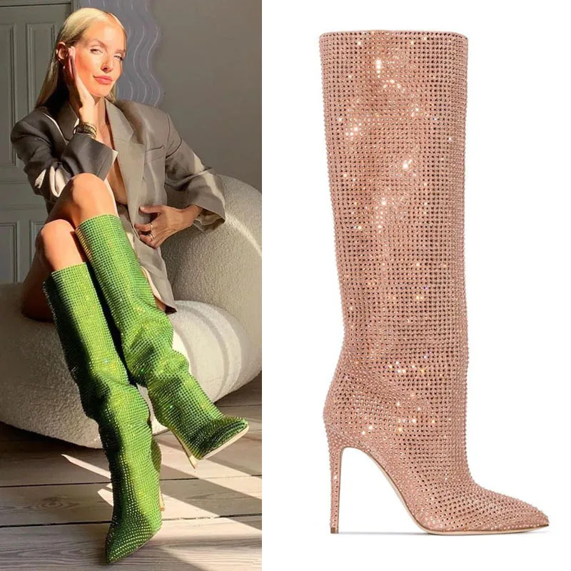 New Starry Sky Rhinestone Pointed-toe Skinny High Heel Knee-high Boots Plus-size Fashion Show Boots for Women